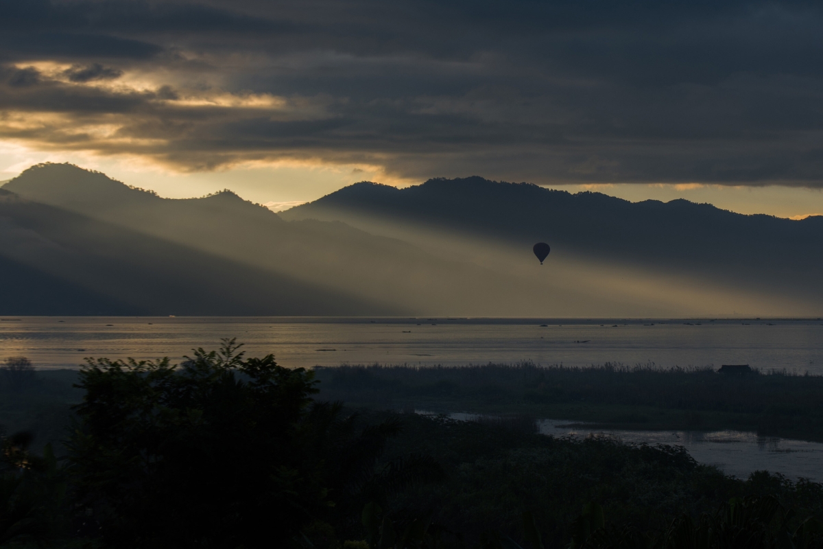 Balloon floating over a lake in Myanmar