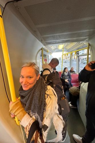 Sarah on the bus, To the Taj Mahal by Rail